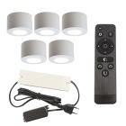 5 rund vit utanpåliggande spotlights uterum Vasso, IP44, med anslutningsset och fjärrkontroll