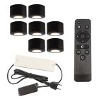 7 rund svart utanpåliggande spotlights uterum Vasso, IP44, med anslutningsset och fjärrkontroll