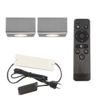 2 fyrkantig krom utanpåliggande spotlight uterum Fredo, IP44, med anslutningsset och fjärrkontroll