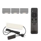 3 fyrkantig krom utanpåliggande spotlight uterum Fredo, IP44, med anslutningsset och fjärrkontroll