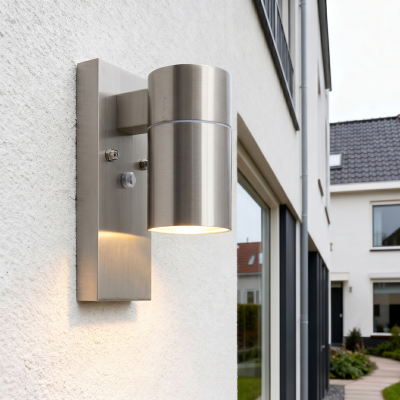 Modern utomhus vägglampa med skymningssensor silver, Pedro, IP44