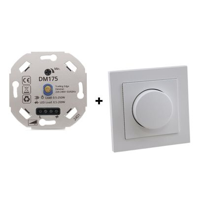 LED-dimmer, 0,5 - 200W, med vit täckram och centralplatta