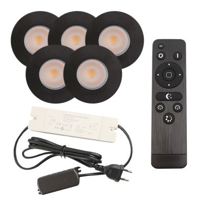 5 svart infälld spotlights uterum Dico, IP65, med anslutningsset och fjärrkontroll
