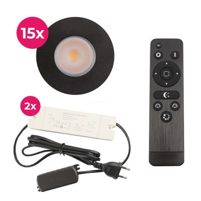 15 svart infälld spotlights uterum Dico, IP65, med anslutningsset och fjärrkontroll