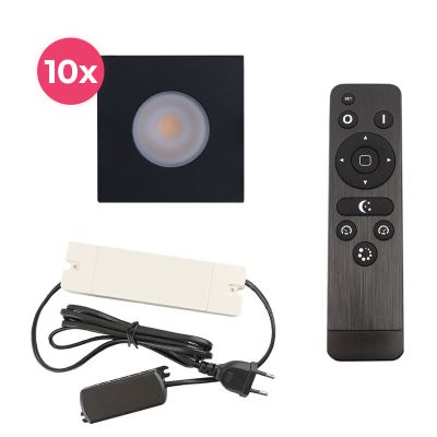 10 fyrkantig svart infälld spotlights uterum Dico, IP65, med anslutningsset och fjärrkontroll
