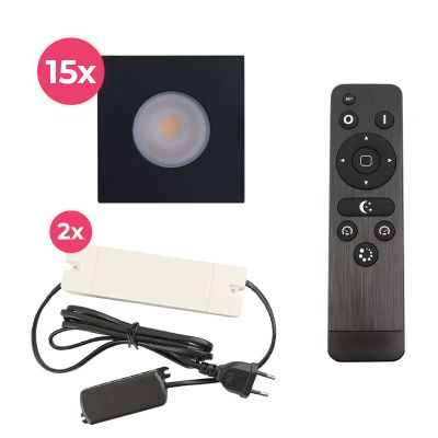 15 fyrkantig svart infälld spotlights uterum Dico, IP65, med anslutningsset och fjärrkontroll