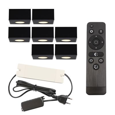 7 fyrkantig svart utanpåliggande spotlight uterum Fredo, IP44, med anslutningsset och fjärrkontroll