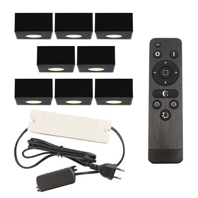 8 fyrkantig svart utanpåliggande spotlight uterum Fredo, IP44, med anslutningsset och fjärrkontroll