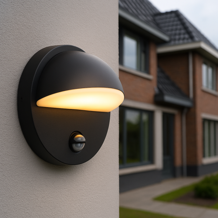 Modern utomhus vägglampa med rörelsesensor svart, Shelby, 7W, 3000K LED, IP44