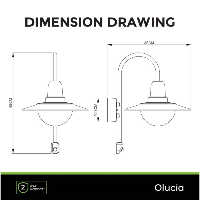 Klassisk utomhus vägglampa med rörelsesensor svart, Rolin, IP54