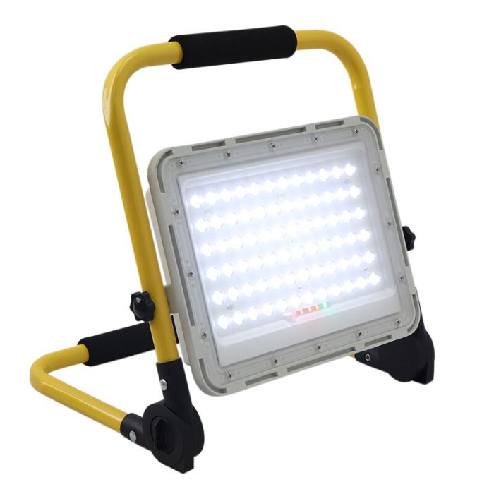 Gul laddningsbar arbetslampa aluminium, Hilmi, 100W, 6500K LED, IP44, med brytare