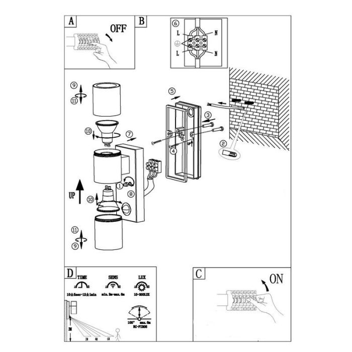 Antracit modern utomhus vägglampa med rörelsesensor metall, Marlies, IP44
