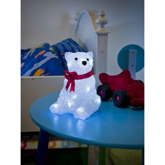 LED julisbjörn, sittande med röd rosett 18cm, på batteri, för inomhus