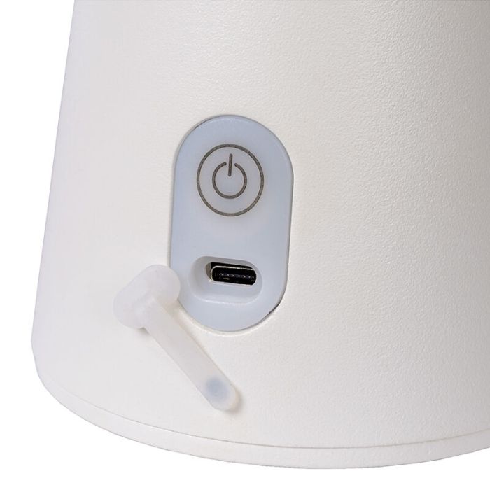 Vit uppladdningsbar utomhusbordslampa modern, La Donna, 2W, 2700K LED, IP54, med brytare