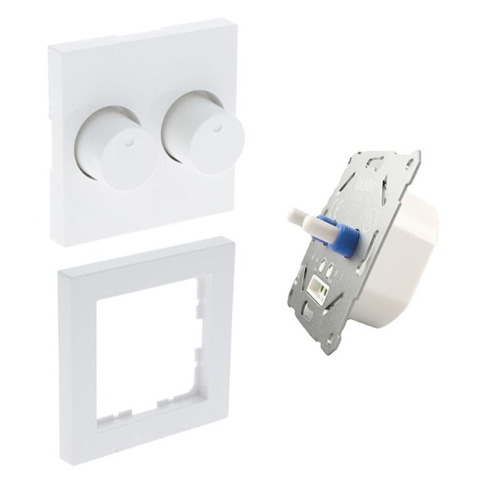 Duo dimmer, strömbrytare, med vit täckram och centralplatta
