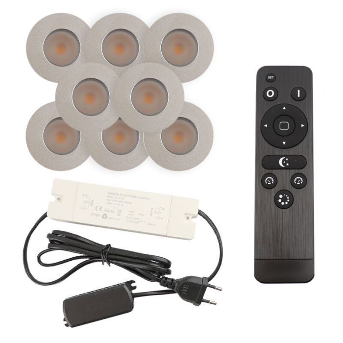 8 krom infälld spotlights uterum Dico, IP65, med anslutningsset och fjärrkontroll