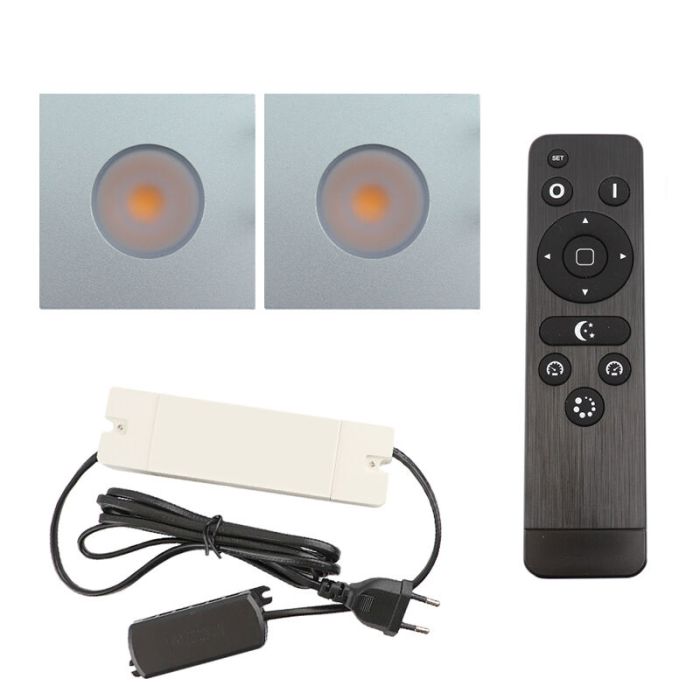 2 fyrkantig krom infälld spotlights uterum Dico, IP65, med anslutningsset och fjärrkontroll