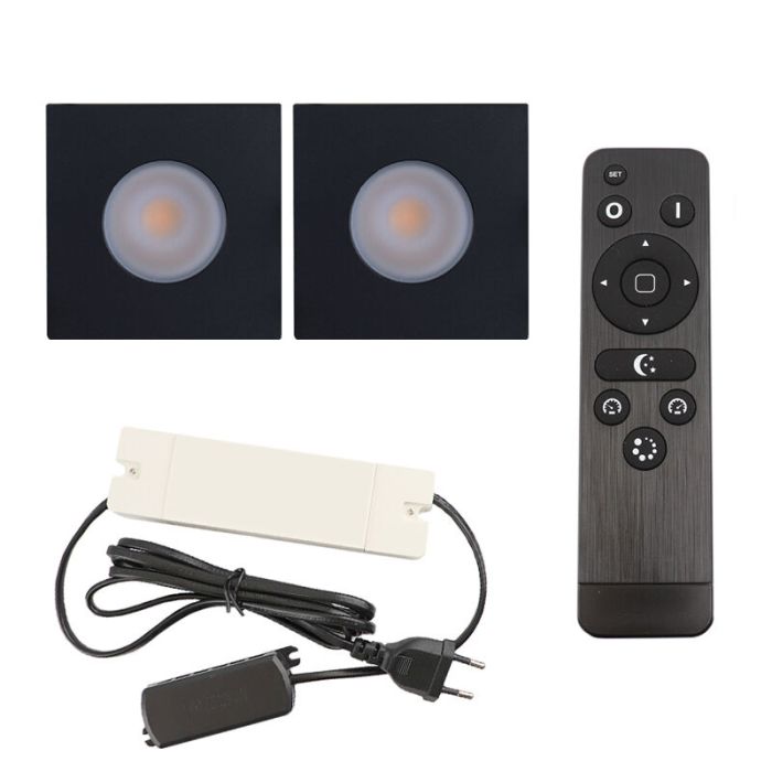2 fyrkantig svart infälld spotlights uterum Dico, IP65, med anslutningsset och fjärrkontroll