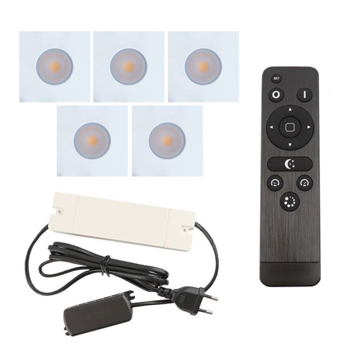 5 fyrkantig vit infälld spotlights uterum Dico, IP65, med anslutningsset och fjärrkontroll