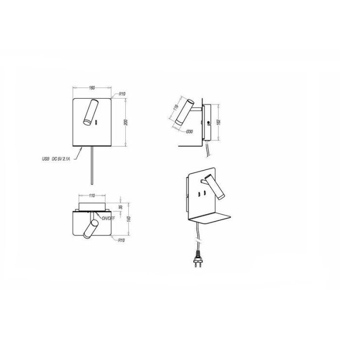 Svart vägglampa design, Ricciolo, 3W, 3000K LED, med brytare