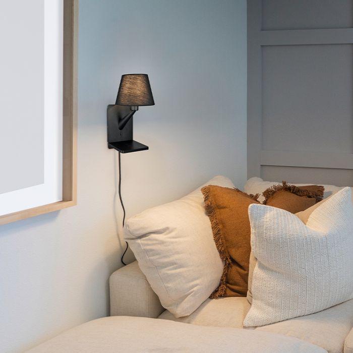 Svart vägglampa tyg, Tahir, med brytare