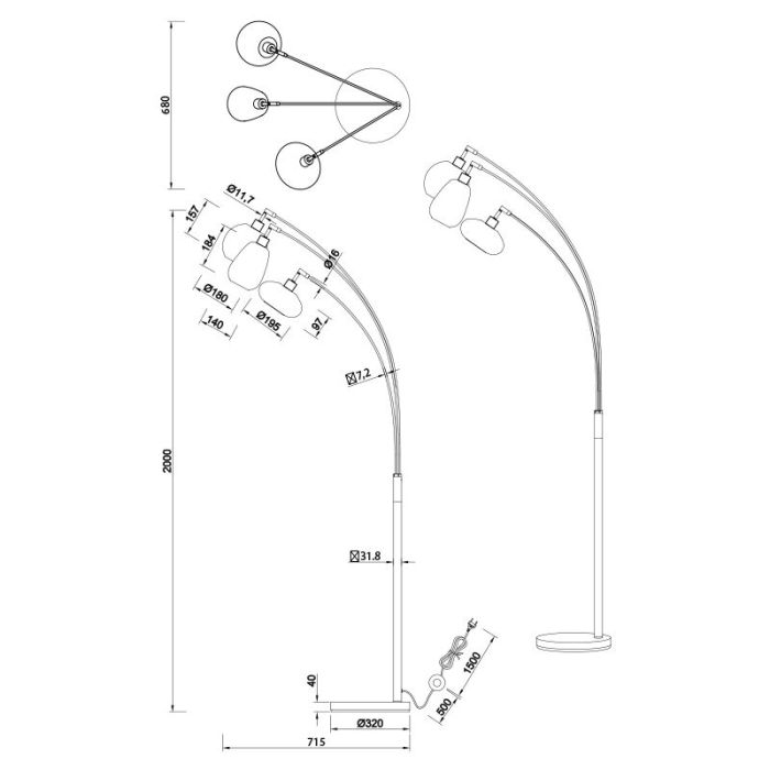 Bärnstensfärgad golvlampa design, Sybren, med brytare