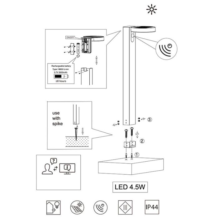 Antracit golvlampa utomhus solcell modern, Sunny, 4,5W, 3000K LED, IP44