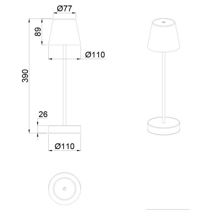 Svart uppladdningsbar bordslampa plast, Suman, 2W, varm till kall vit justerbar LED, IP44, med beröringsdimmer