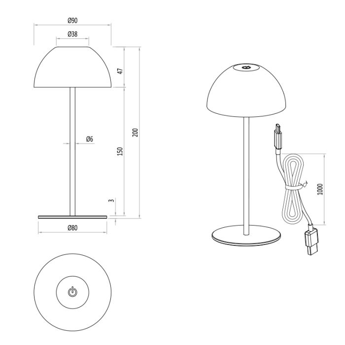 Svart uppladdningsbar bordslampa plast, Mikhail, 2W, 3000K LED, IP44, med beröringsdimmer