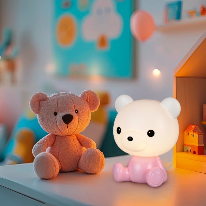 Rosa bordslampa barn plast, Lumibear, 0,3W, RGB LED, med brytare